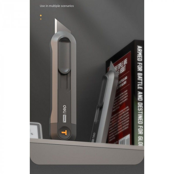 Технический нож 'Home Series Black' Deli HT4008  Т-образное лезвие с механизмом автоматического возврата, эксклюзивный дизайн, корпус из высококачественного софттач пластика