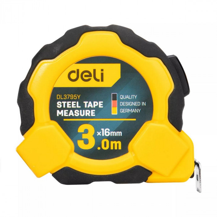 Рулетка Deli DL3795  3м*16мм, Автостоп, ударопрочный корпус, метрическая