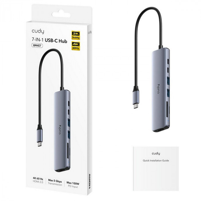 Концентратор CUDY  UH407  7-IN-1 USB C Hub with 4K HDMI 7-IN-1 USB Hub, Aluminium housing, 1 USB-C 3.0 5Gbps male connecter with 25cm cable, 1x 4K@60Hz HDMI Port, 1x 100W USB-C port for PD Charging, 2 USB-A 3.0 5Gbps Data Port, 1 USB-C 3.0 5Gbps Data Port