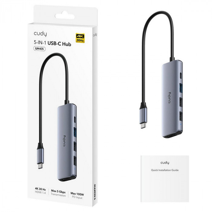 Концентратор CUDY  UH405  5-IN-1 USB-C Hub with 4K HDMI 5-IN-1 USB Hub, Aluminium housing,1 USB-C 3.0 5Gbps male connecter with 25cm cable, 1x 4K@30Hz HDMI Port, 1x 100W USB-C port for PD Charging, 1 USB-A 3.0 5Gbps Port, 2 USB-A 2.0 Data Ports,  compatib