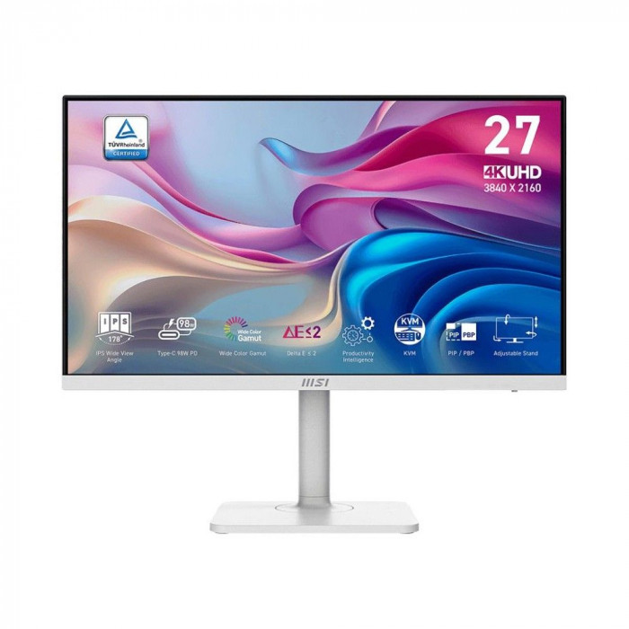 Монитор 27' MSI Modern MD272UPHW  IPS, 3840x2160, 60Hz, 4ms, 400сd/m, 1000:1, HDR10 | HDMI(2.0b), DP(1.4a), Type-C(PD-98W), 3xUSB3.2 | HAS, Pivot, Swivel, InPSU, Speakers, Vesa 75, White