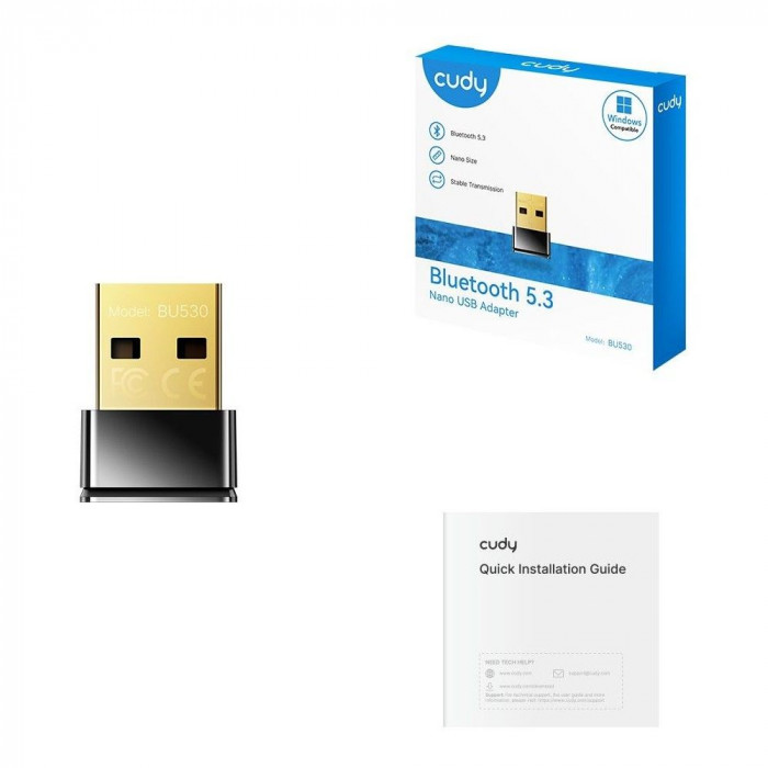 Адаптер беспроводной связи CUDY  BU530  Bluetooth 5.3 Nano USB Adapter, Nano Size, USB 2.0, Windows 11/10/8.1/7