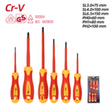 Набор отверток диэлектрических DL510006T (SL3x75, SL4x100, SL6,5*150, PH0x60, PH1x80, PH2x100), сталь Cr-V, сертификат VDE для работ под напряжением до 1000 В