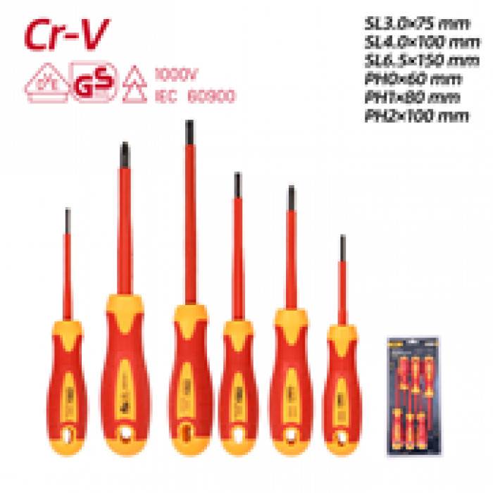 Набор отверток диэлектрических DL510006T (SL3x75, SL4x100, SL6,5*150, PH0x60, PH1x80, PH2x100), сталь Cr-V, сертификат VDE для работ под напряжением до 1000 В