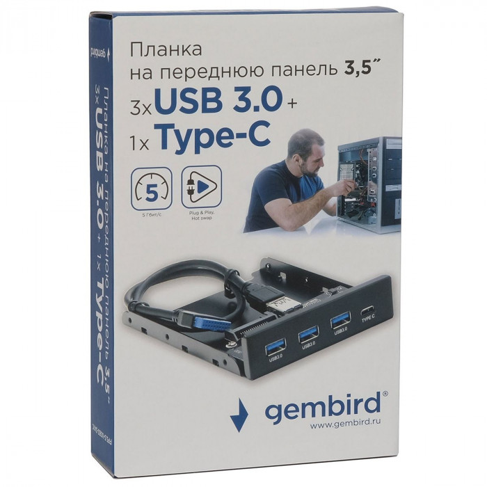 Адаптер Gembird Планка USB 3.0 на переднюю панель в отсек 3.5' 3xUSB-A 3.0 + 1xType-C