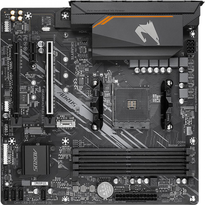 Материнская плата Gigabyte B550M AORUS ELITE, Socket AM4, AMD B550, 4xDDR4-3200, DVI-D+HDMI, 2xPCI-Ex16, 1xPCI-Ex1, 4xSATA3(RAID 0/1/10), 2xM.2, 8 Ch Audio, GLan, (4+2)xUSB2.0, (4+2)xUSB3.2, 1xPS/2, mATX, RTL {10} (809546)