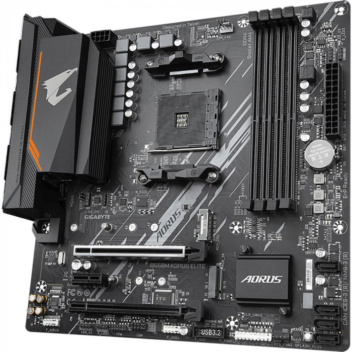 Материнская плата Gigabyte B550M AORUS ELITE, Socket AM4, AMD B550, 4xDDR4-3200, DVI-D+HDMI, 2xPCI-Ex16, 1xPCI-Ex1, 4xSATA3(RAID 0/1/10), 2xM.2, 8 Ch Audio, GLan, (4+2)xUSB2.0, (4+2)xUSB3.2, 1xPS/2, mATX, RTL {10} (809546)