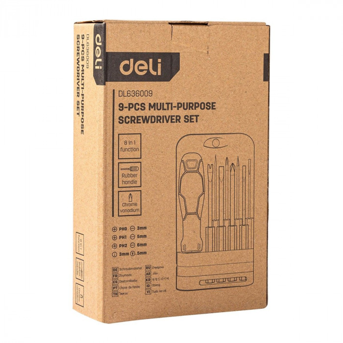 Многофункциональная отвертка 8-в-1 Deli DL636009 биты PH0, PH1, PH2, SL3, SL5, SL6, Y-образная, точечная, сталь Cr-V