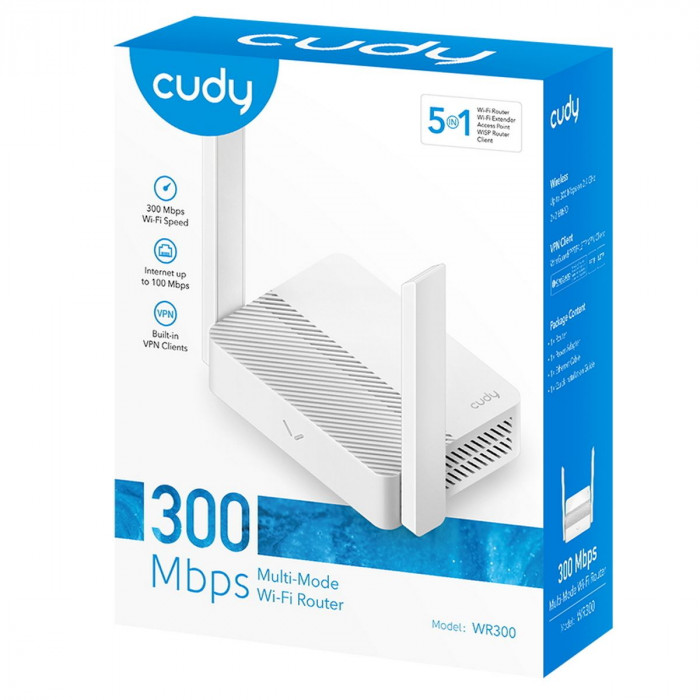 Маршрутизатор CUDY WR300 N300 Wi-Fi Router, Chipset MediaTek, 802.11b/g/n,300Mbps at 2.4GHz, 4 Ч 10/100Mbps Ports, 2 Ч 5dBi fixed antennas, WiFi router/AP/ Repeater/WISP Mode, Guest network, WPS, DDNS, VPN Client, IPv6, Cudy APP
