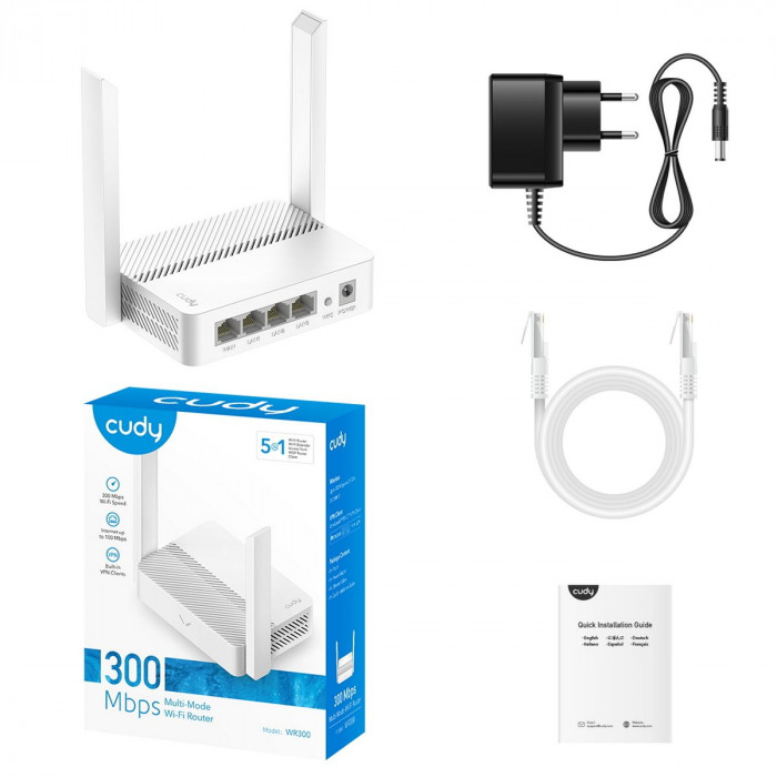 Маршрутизатор CUDY WR300 N300 Wi-Fi Router, Chipset MediaTek, 802.11b/g/n,300Mbps at 2.4GHz, 4 Ч 10/100Mbps Ports, 2 Ч 5dBi fixed antennas, WiFi router/AP/ Repeater/WISP Mode, Guest network, WPS, DDNS, VPN Client, IPv6, Cudy APP