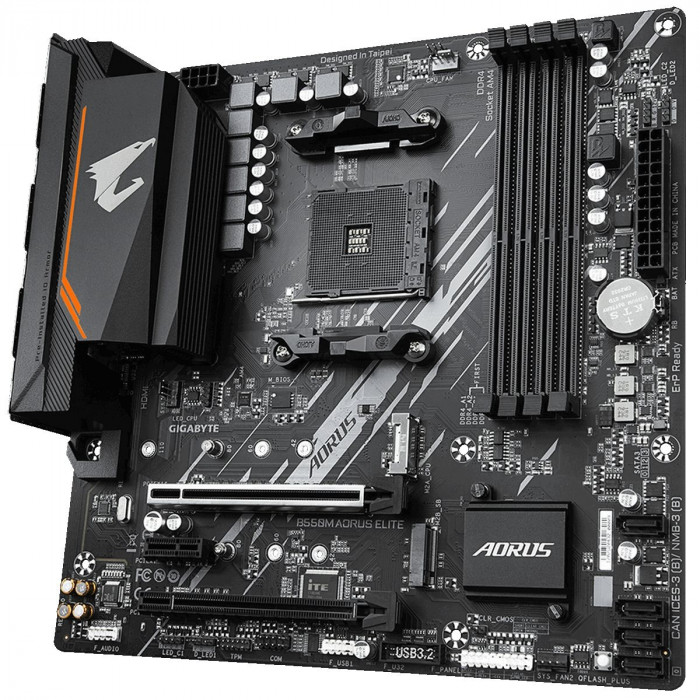 Материнская плата Gigabyte B550M AORUS ELITE, Socket AM4, AMD B550, 4xDDR4-3200, DVI-D+HDMI, 2xPCI-Ex16, 1xPCI-Ex1, 4xSATA3(RAID 0/1/10), 2xM.2, 8 Ch Audio, GLan, (4+2)xUSB2.0, (4+2)xUSB3.2, 1xPS/2, mATX, RTL {10} (809546)