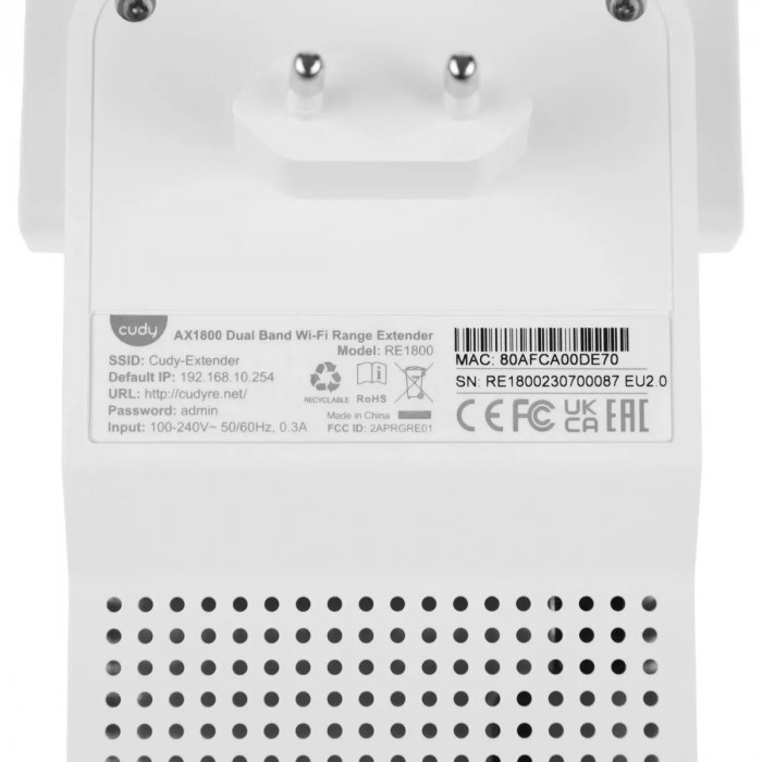 Маршрутизатор CUDY AX1800 Wi-Fi 6 Mesh Repeater, AP mode, Chipset MediaTek, Cudy Mesh Support,  1201Mbps at 5GHz + 574Mbps at 2.4GHz, 802.11ax/ac/a/b/g/n,  1 Gigabit ethernet Port, WPS button, Intelligent Signal Light, WPA3, LED control