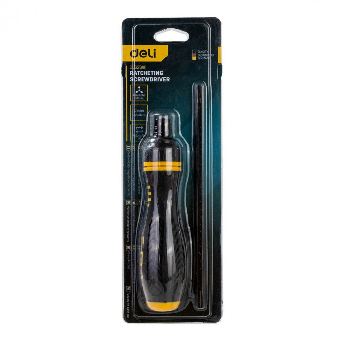 Двухсторонняя отвертка с трещеткой Deli DL626011 PH2+SL6x180мм, сталь CrV, длина 180-230мм, диаметр хвостовика 6,3мм
