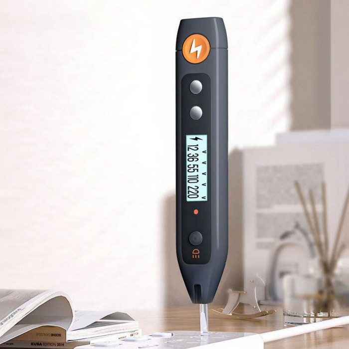 Индикаторная отвертка-тестер напряжения цифровая 'Home Series Gray' Deli HT7005 (12-250 В, фонарик, батарейки в комплекте)