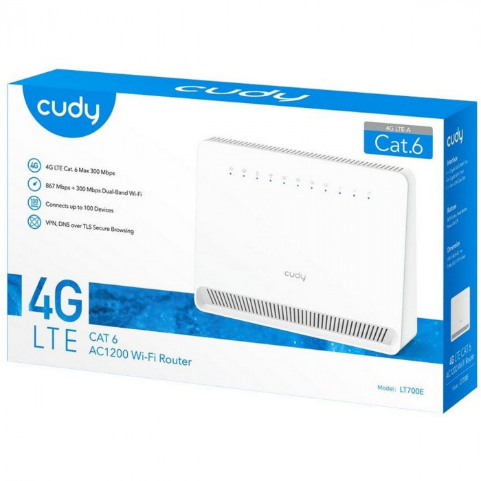 Модем CUDY AC1200 Wi-Fi 4G LTE-Cat6 Gigabit Router, 4 10/100/1000M RJ45 Ports,  Nano SIM Slot, Quectel module inside,build-in 4G LTE modem, 300Mbps at 2.4GHz + 867Mbps at 5GHz, Internal Antennas,  PPTP/L2TP/OpenVPN/WireGuard VPN, DNS over Cloudflare/Googl