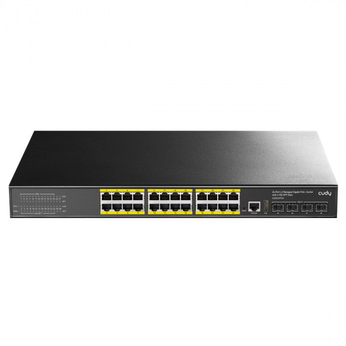 Коммутатор CUDY 24-Port Layer 3 Managed Gigabit PoE+ Switch with 4 10G SFP Slots  400W Layer 3 Managed 24 Ports 10/100/1000M  PoE Switch, 24 Gigabit Ethernet ports + 4 10 Gigabit uplink SFP+ optical ports + 1 USB serial port + 1 console port, 1-24 ports c