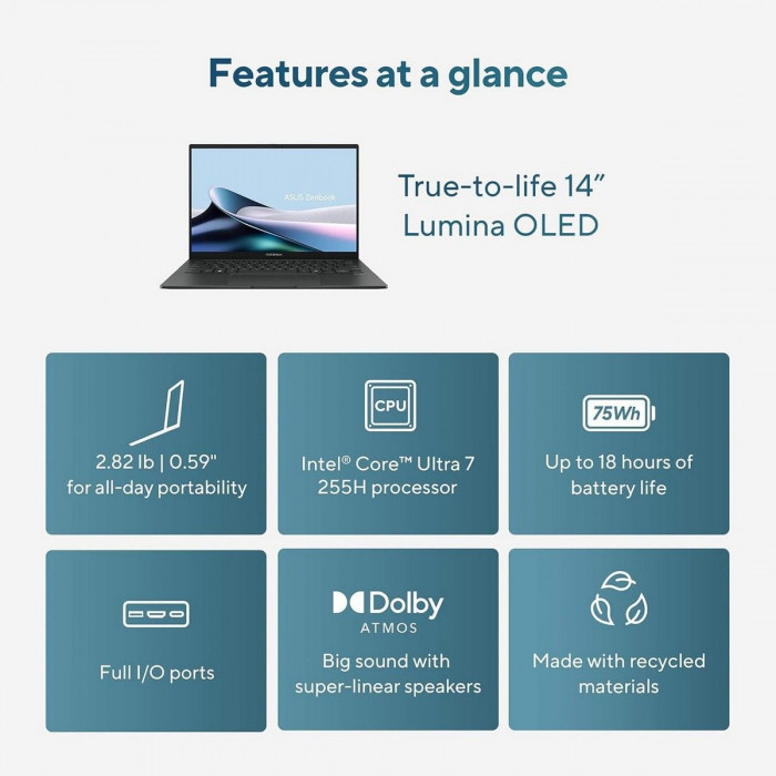 Ноутбук ASUS Zenbook 14 UX3405CA-U7512 Intel Core Ultra 7 255H/16Gb (soldered D5)/SSD512Gb/UMA/14'/OLED/Touch/WUXGA/1920x1200/120Hz/Win11 (SL English)/Grey/1.28kg