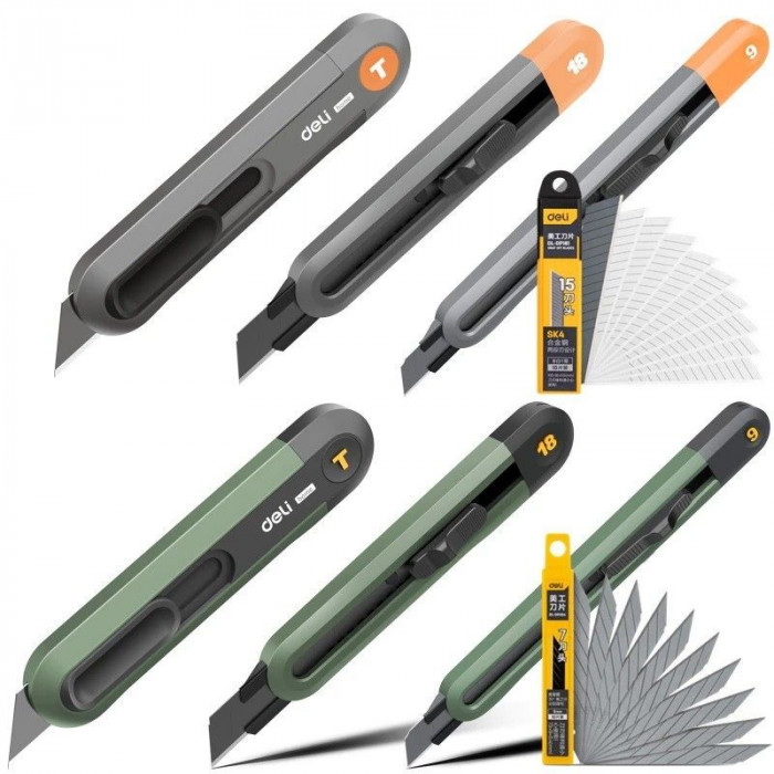 Набор технических ножей 'Home Series Green' Deli HT4003L (ножи 9мм+18мм+Т-образный), эксклюзивный дизайн, корпус из высококачественного софттач пластика