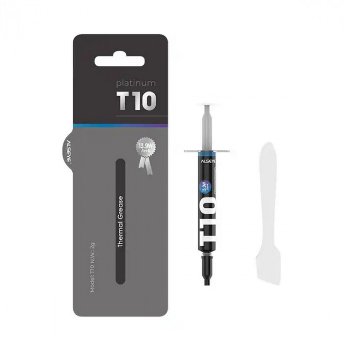 Термопаста ALSEYE T10 Thermal conductivity: 13.9W/m-k Color: Gray Conductivity: non-conductive specific gravity: 2.7g / cm³@25℃ Capacity: 1.2ml Weight: 2G
