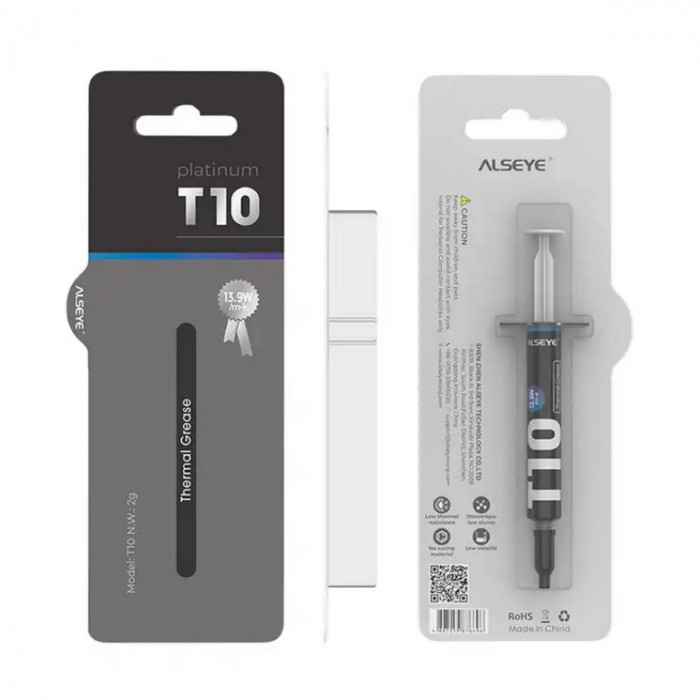 Термопаста ALSEYE T10 Thermal conductivity: 13.9W/m-k Color: Gray Conductivity: non-conductive specific gravity: 2.7g / cm³@25℃ Capacity: 1.2ml Weight: 2G