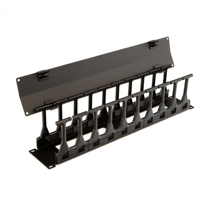 Органайзер Hyperline CMF-2U-FPL106-MCOV-RAL9005 Кабельный организатор с крышкой, глубина 106 мм, 19', 2U