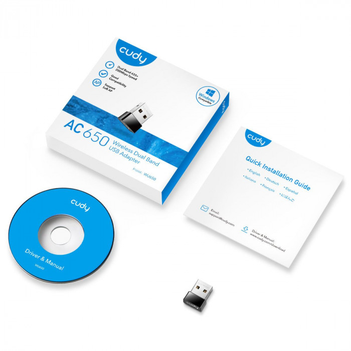 Адаптер беспроводной связи (Wi-Fi) CUDY AC650 Wi-Fi Mini USB Adapter 650Mbps Wi-Fi USB Adapter, Mini Size, 433Mbps at 5GHz + 200Mbps at 2.4GHz, Nano Size, USB 2.0