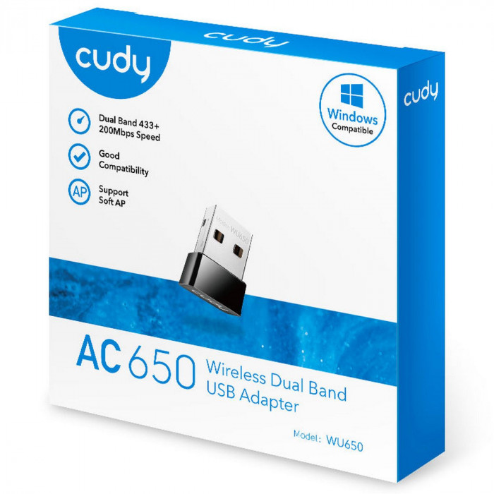 Адаптер беспроводной связи (Wi-Fi) CUDY AC650 Wi-Fi Mini USB Adapter 650Mbps Wi-Fi USB Adapter, Mini Size, 433Mbps at 5GHz + 200Mbps at 2.4GHz, Nano Size, USB 2.0