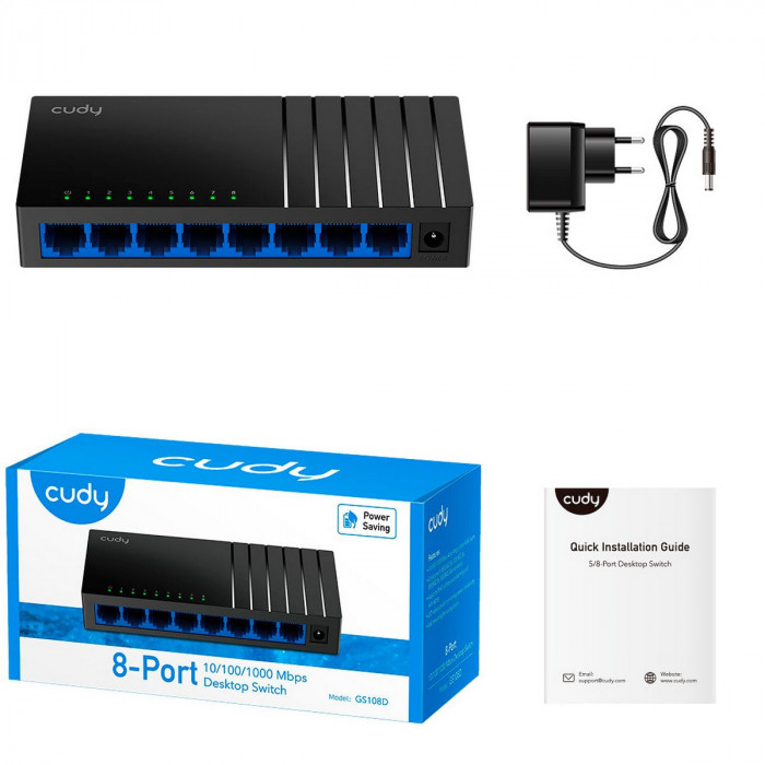 Коммутатор CUDY 8-Port Gigabit Desktop  Switch 5-Port Gigabit Desktop Switch, 5 10/100/1000M RJ45 Ports, Loop Detection, Desktop Plastic Case, Power Saving, Plug & Play, Wall-Mount