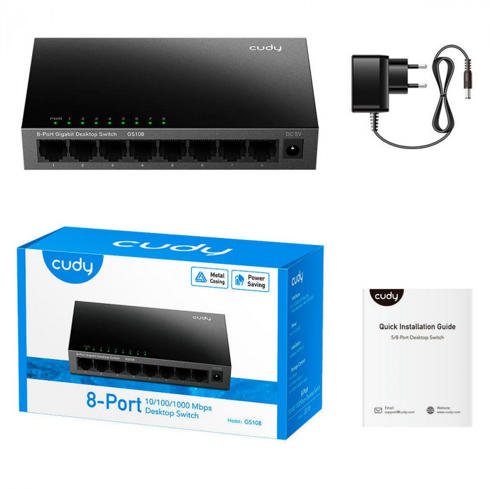 Коммутатор CUDY 8-Port Gigabit Metal  Switch 5-Port Gigabit Ethernet Switch, 5 10/100/1000M RJ45 Ports, Loop Detection, USB-C Power Input, Plug & Play, Wall-Mount