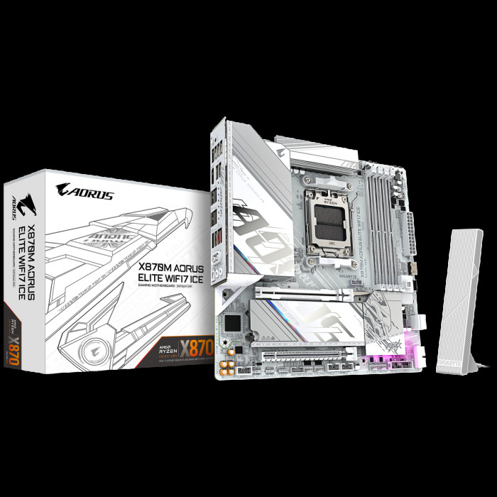 Материнская плата Gigabyte X870M AORUS ELITE WIFI7 ICE X870, AM5, 4*DDR5, 2*PCIEx16, 2*M.2, 1*TypeC, 2*USB3.2Gen2, 6*USB3.2Gen1, 8*USB2.0, 2*SATA3.0, 2.5G, 2*TypeC(DP), HDMI, M-ATX, RTL