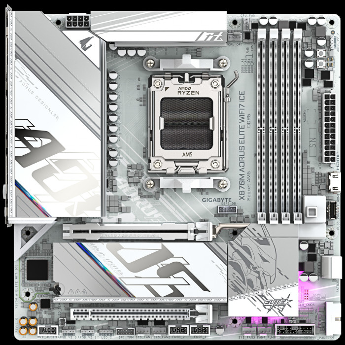 Материнская плата Gigabyte X870M AORUS ELITE WIFI7 ICE X870, AM5, 4*DDR5, 2*PCIEx16, 2*M.2, 1*TypeC, 2*USB3.2Gen2, 6*USB3.2Gen1, 8*USB2.0, 2*SATA3.0, 2.5G, 2*TypeC(DP), HDMI, M-ATX, RTL