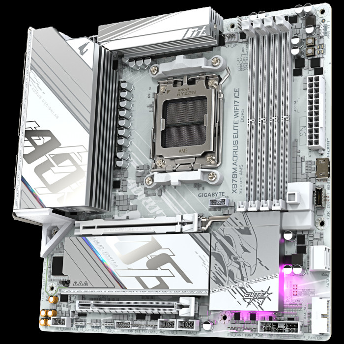 Материнская плата Gigabyte X870M AORUS ELITE WIFI7 ICE X870, AM5, 4*DDR5, 2*PCIEx16, 2*M.2, 1*TypeC, 2*USB3.2Gen2, 6*USB3.2Gen1, 8*USB2.0, 2*SATA3.0, 2.5G, 2*TypeC(DP), HDMI, M-ATX, RTL