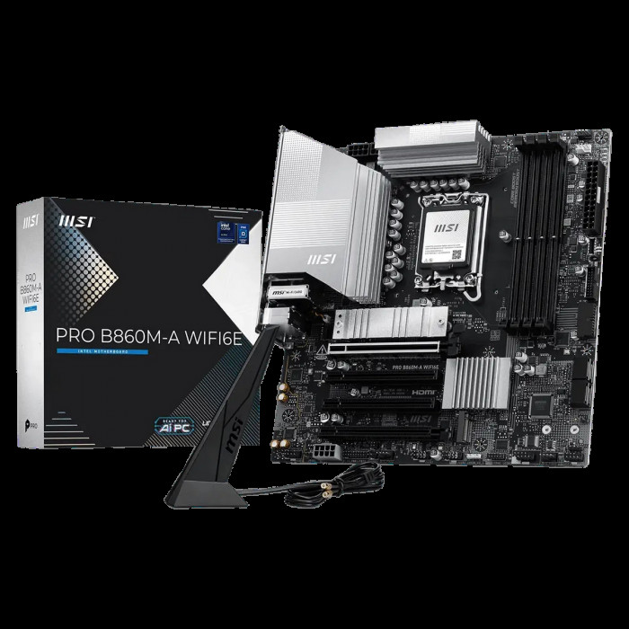 Материнская плата MSI PRO B860M-A WIFI6E B860, LGA1851, 4*DDR5, 4*PCIEx16, 3*M.2, 2*TypeC, 1*USB3.2Gen2, 6*USB3.2Gen1, 6*USB2.0, 4*SATA3.0, 5G, Type-C(DP), DP, HDMI, M-ATX, RTL