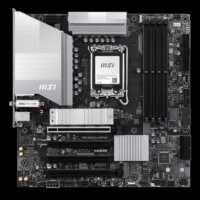 Материнская плата MSI PRO B860M-A WIFI6E B860, LGA1851, 4*DDR5, 4*PCIEx16, 3*M.2, 2*TypeC, 1*USB3.2Gen2, 6*USB3.2Gen1, 6*USB2.0, 4*SATA3.0, 5G, Type-C(DP), DP, HDMI, M-ATX, RTL