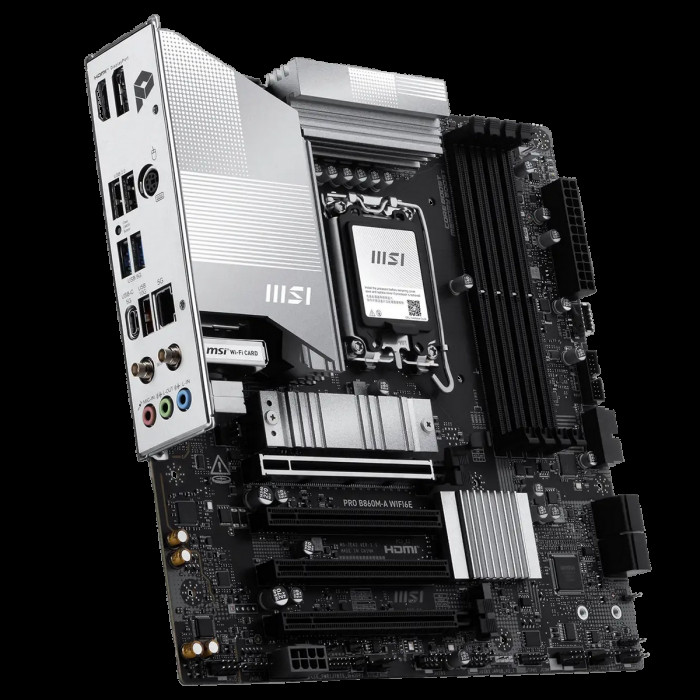 Материнская плата MSI PRO B860M-A WIFI6E B860, LGA1851, 4*DDR5, 4*PCIEx16, 3*M.2, 2*TypeC, 1*USB3.2Gen2, 6*USB3.2Gen1, 6*USB2.0, 4*SATA3.0, 5G, Type-C(DP), DP, HDMI, M-ATX, RTL
