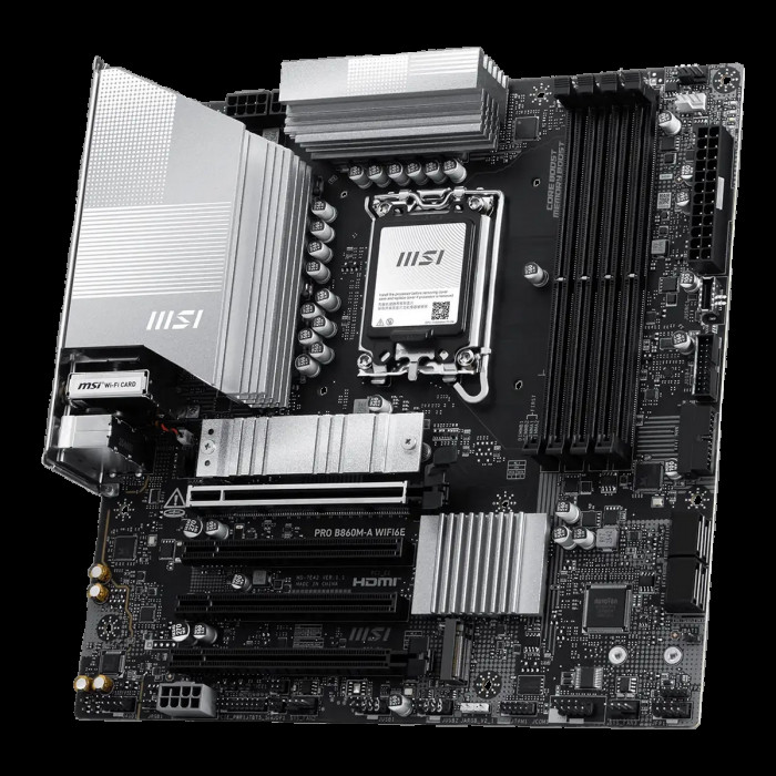Материнская плата MSI PRO B860M-A WIFI6E B860, LGA1851, 4*DDR5, 4*PCIEx16, 3*M.2, 2*TypeC, 1*USB3.2Gen2, 6*USB3.2Gen1, 6*USB2.0, 4*SATA3.0, 5G, Type-C(DP), DP, HDMI, M-ATX, RTL