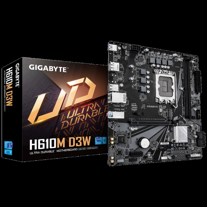 Материнская плата Gigabyte H610M D3W H610, LGA1700, 2*DDR5, 1*PCIEx16, 1*PCIEx1, 1*M.2, 1*TypeC, 3*USB3.2Gen1, 7*USB2.0, 4*SATA3.0, 1G, DP, HDMI, M-ATX, RTL