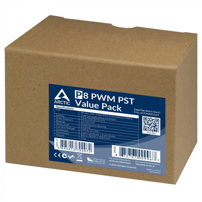 Вентилятор корпусной ARCTIC Cooling P8 PWM PST Value Pack (Black/Black) - retail (ACFAN00154A) (702072)