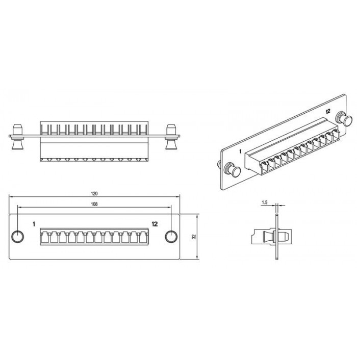 Панель Hyperline FO-FPM-W120H32-12LC-BL Панель для FO-19BX с 12 LC адаптерами, 12 волокон, одномод OS1/OS2, 120x32 мм, адаптеры цвета синий (blue)