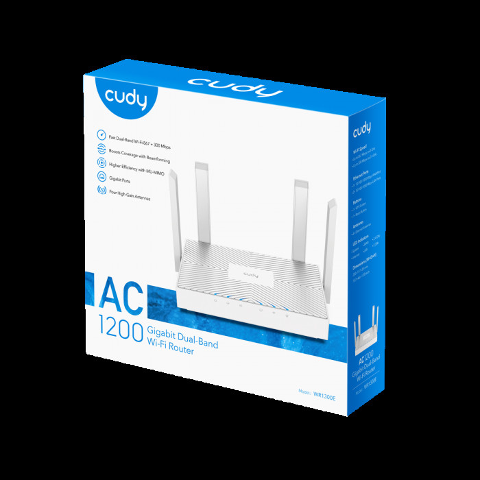 Маршрутизатор CUDY WR1300E AC1200 Gigabit Wi-Fi Router Dual Band, Chipset MediaTek, 3 × 10/100/1000Mbps RJ45 Ports, 4 x 5dBi fixed antennas,  WiFi router/AP/ Repeater/WISP Mode, 802.11ac/a/b/g/n, 867Mbps at 5GHz + 300Mbps at 2.4GHz, DDNS, WiFi Schedule, I