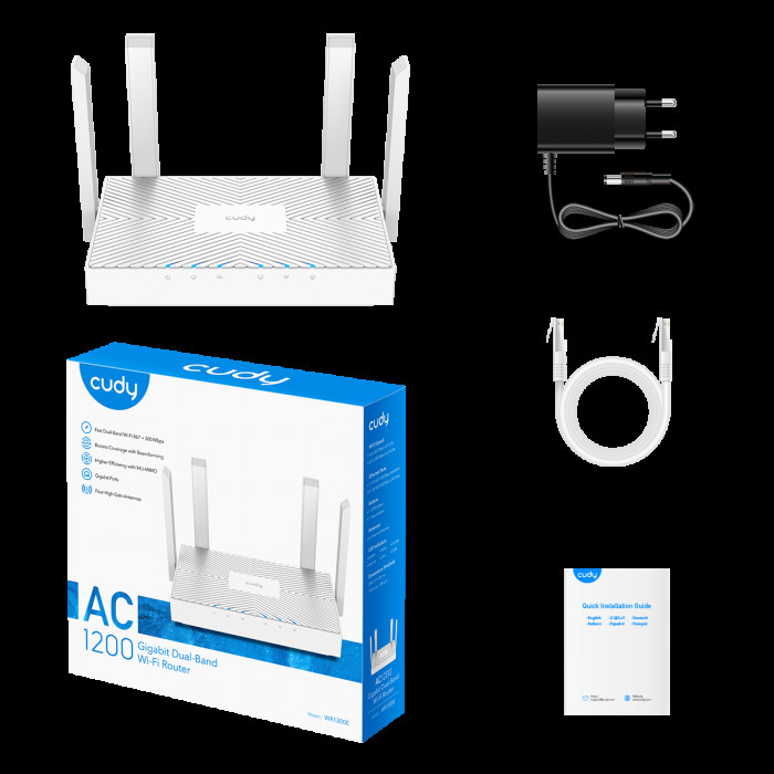Маршрутизатор CUDY WR1300E AC1200 Gigabit Wi-Fi Router Dual Band, Chipset MediaTek, 3 × 10/100/1000Mbps RJ45 Ports, 4 x 5dBi fixed antennas,  WiFi router/AP/ Repeater/WISP Mode, 802.11ac/a/b/g/n, 867Mbps at 5GHz + 300Mbps at 2.4GHz, DDNS, WiFi Schedule, I