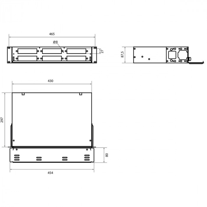 Бокс оптический Hyperline FO-19V-2U-6xSLT-W130H30-48UN-BK Бокс оптический универсальный 19' выдвижной, с полкой, от 8 до 48 портов (SC, duplex LC, ST, FC), со сплайс пластиной, без пигтейлов и проходных адаптеров, 2U, черный
