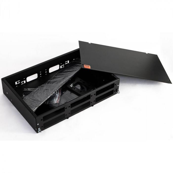 Бокс оптический Hyperline FO-19V-2U-6xSLT-W130H30-48UN-BK Бокс оптический универсальный 19' выдвижной, с полкой, от 8 до 48 портов (SC, duplex LC, ST, FC), со сплайс пластиной, без пигтейлов и проходных адаптеров, 2U, черный