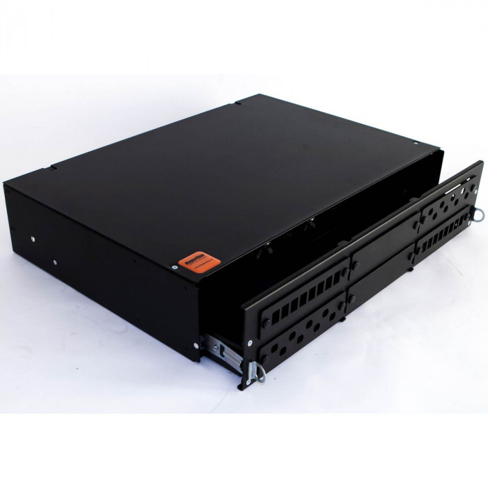 Бокс оптический Hyperline FO-19V-2U-6xSLT-W130H30-48UN-BK Бокс оптический универсальный 19' выдвижной, с полкой, от 8 до 48 портов (SC, duplex LC, ST, FC), со сплайс пластиной, без пигтейлов и проходных адаптеров, 2U, черный
