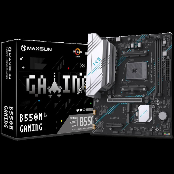 Материнская плата Maxsun MS-B550M GAMING WIFI B550, AM4, 2*DDR4, 1*PCIEx16, 1*PCIEx4, 1*PCIEx1, 2*M.2, 4*USB3.2Gen1, 6*USB2.0, 2*SATA3.0, 1G, DP, HDMI, M-ATX, RTL
