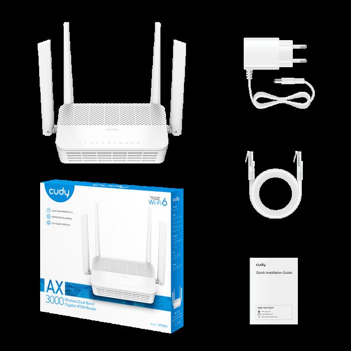 Маршрутизатор CUDY  GP3000  AX3000 Wi-Fi 6 GPON Router Dual Band Gigabit xPON, Realtek chipset, GPON/EPON,  2402Mbps at 5GHz + 576Mbps at 2.4GHz, 802.11ax/ac/a/b/g/n, 1 PON Port, 4 Gigabit RJ45 port, Power ON/OFF Button,WPS Button,WiFi Button, Reset butto