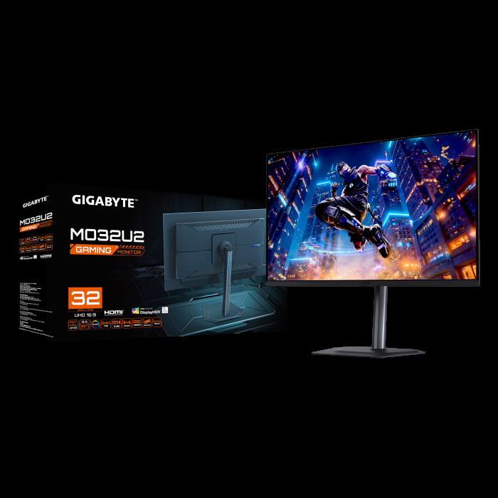 Монитор 31.5' Gigabyte MO32U2 EK Black (31,5 'QD-OLED, 3840 x 2160, 240Hz, 2xHDMI 2.1, DP 1.4, 3xUSB 3.2, USB Type-C (18Вт), 0,03 ms,178°/178°, 250 нит (типичная), 1000 нит (пиковая), 1,5 М:1, Pivot)