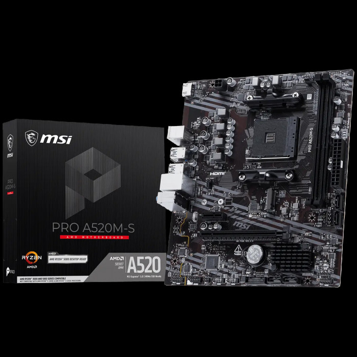 Материнская плата MSI PRO A520M-S A520M, AM4, 2*DDR4, 1*PCIEx16, 1*PCIEx1, 1*M.2, 2*TypeC, 2*USB3.2Gen2, 6*USB3.2Gen1, 6*USB2.0, 4*SATA3.0, 1G, HDMI, M-ATX, RTL