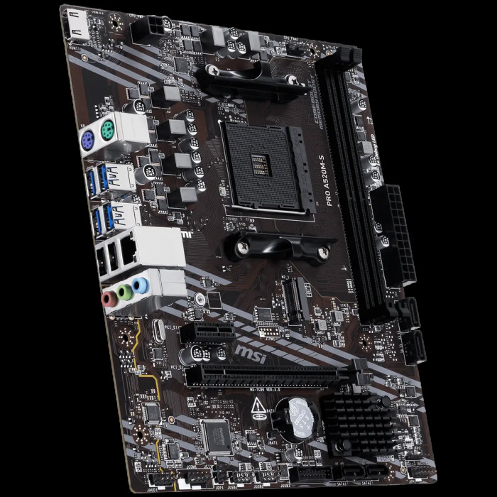 Материнская плата MSI PRO A520M-S A520M, AM4, 2*DDR4, 1*PCIEx16, 1*PCIEx1, 1*M.2, 2*TypeC, 2*USB3.2Gen2, 6*USB3.2Gen1, 6*USB2.0, 4*SATA3.0, 1G, HDMI, M-ATX, RTL
