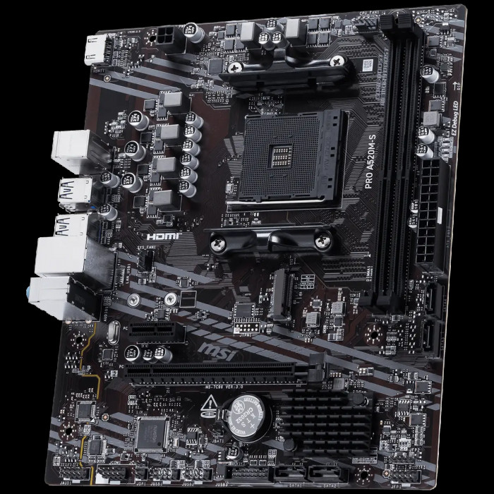 Материнская плата MSI PRO A520M-S A520M, AM4, 2*DDR4, 1*PCIEx16, 1*PCIEx1, 1*M.2, 2*TypeC, 2*USB3.2Gen2, 6*USB3.2Gen1, 6*USB2.0, 4*SATA3.0, 1G, HDMI, M-ATX, RTL